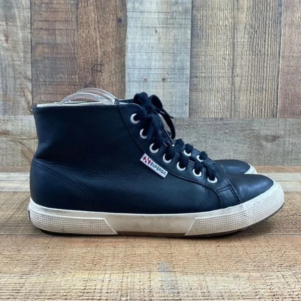 Superga Black Lace Up Ankle Sneakers Women 9.5 41‎ High Cut Lace Up Shoes